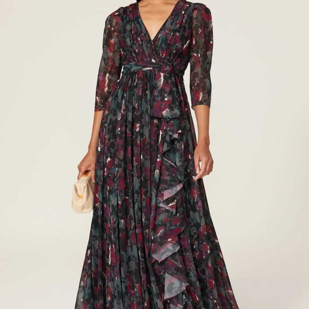 Badgley Mischka Pleated Floral Gown